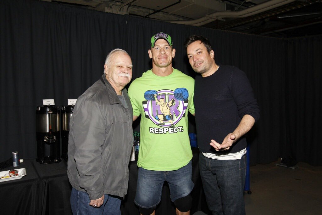 JohnCena's tweet image. Honored to get a photo with the GREAT #JimmyFallon and the guy from @FallonTonight, @jimmyfallon. He was also in the pic. #JimmysDad #WWEMSG