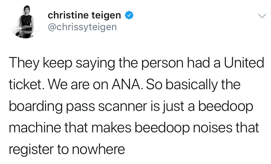 SpencerBrown's tweet photo. .@chrissyteigen dealing with an 8 Hour LAX-to-LAX turnaround flight because one person was on the wrong plane is all of us when air travel fails to live up to 2017 expectations #beedoopmachine https://t.co/ZjubtLermU