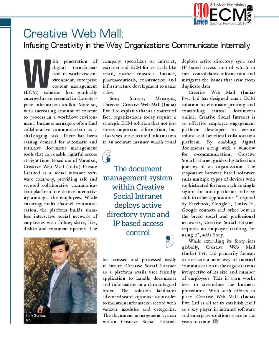 creativewebmall's tweet photo. Our  CEO Sony Surana's Interview In CIO Review Magazine About Creative  Social Intranet - Providing Safe And Secured Collaborative Communication  Platform To Enhance Interactivity Amongst The Employees. #AimHigher #CreativeWebMall https://t.co/3ipFJUFtAt