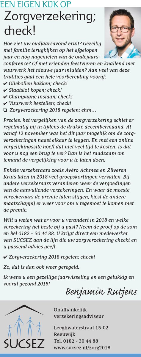 SUCSEZBV's tweet photo. Vandaag in de Kijk op Bodegraven-Reeuwijk én op @Rebonieuws de tweede column van onze collega Benjamin, namens SUCSEZ. #zorgverzekering #check #tradities
https://t.co/AU0Mu4IAl6 https://t.co/AOaBfbxOkj