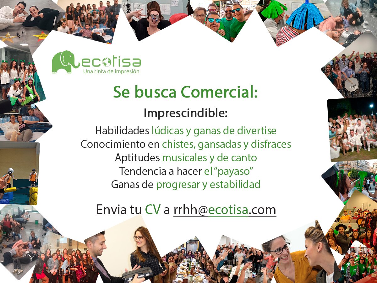 Ecotisa busca comerciales. El único requisito es tener ganas de divertirse en el trabajo. De todo lo demás, nos encargamos nosotros. 
Si crees que puedes asumir el reto de trabajar en una empresa diferente, donde lo importante eres tú. Envía tu CV a rrhh@ecotisa.com.