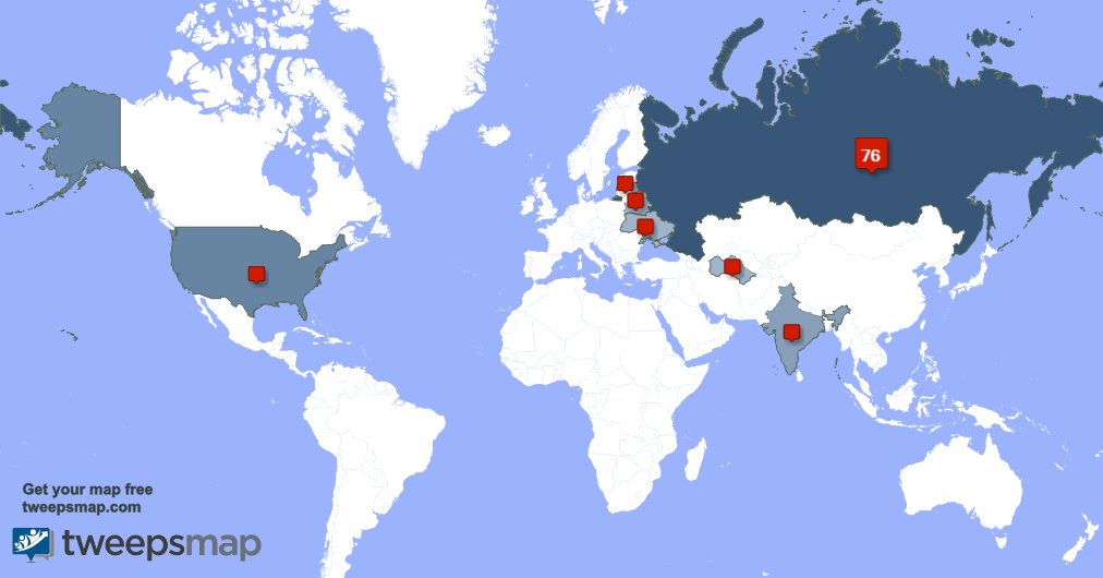 My followers are in Russia(76%), USA(12%)... Get your map too: tweepsmap.com/!UTimeNews