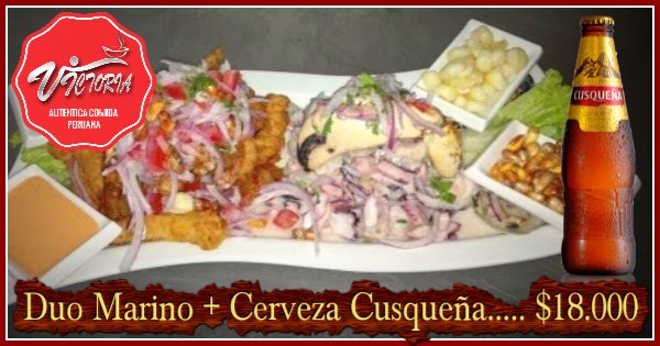 RVictoria771's tweet photo. Que mejor para estos calores que una promoción como esta!
Duo Marino + Cerveza Cusqueña por solo $18.000 😁

🍴 Restaurant Victoria
🌐 Santo Domingo 771, Santiago.
📞 +56 2 2632 9528
#gastronomiaperuana #comidaperuana #restaurantperuano #restauranteperuano https://t.co/vbfrlyyQso