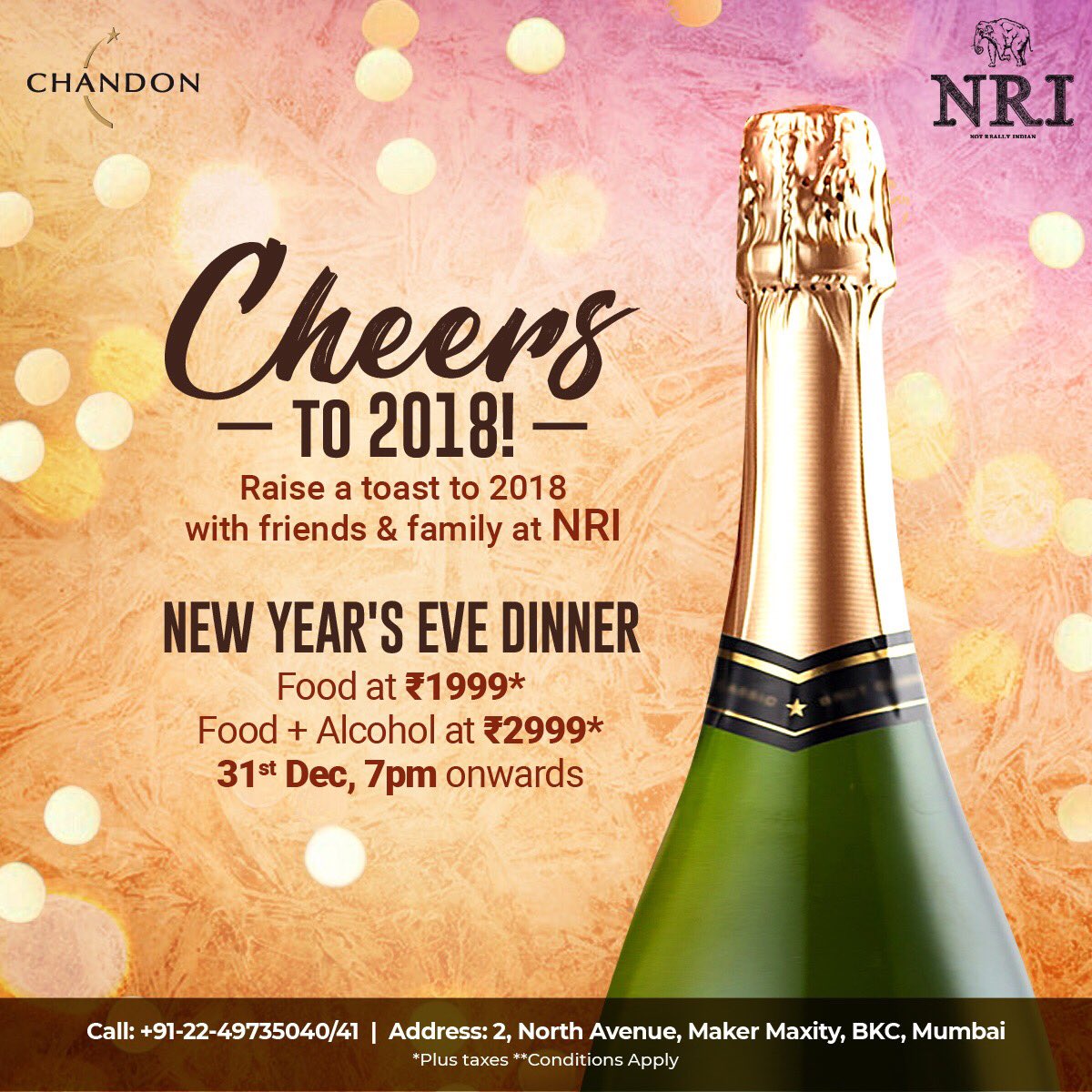 NRIBKC's tweet photo. Dine with us this New Year’s Eve &amp; welcome 2018 the NRI way🥂☺️

Pick from more than 25 special selections in food🥘, drinks🍹 &amp; desserts with
🍽Food at ₹1999* &amp;
🍽🍸Food+Alcohol at ₹2999*
*plus taxes

New Year’s Eve Dinner: 31st Dec, 7pm onwards
#NRIBKC #NewYearsDinner #NYE https://t.co/2R2v6awVaD