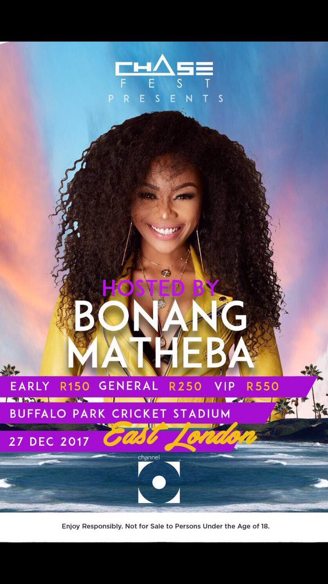 Bonang's tweet photo. .....the spontaneous express stops in East London today.... let’s party!! ✈️🌺🥂🌞😎 #CHASEFest27Dec https://t.co/4EorwQTzGf