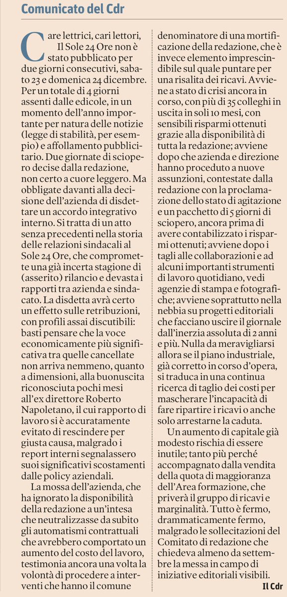 Quattro giorni senza Il Sole 24 Ore, una decisione sofferta ma necessaria per queste ragioni. Il comunicato di oggi #cdr #sole24ore #editoria #sciopero mobile.ilsole24ore.com/solemobile/mai… <a href="/Primaonline/">Primaonline.it</a> <a href="/FnsiSocial/">FNSI</a>