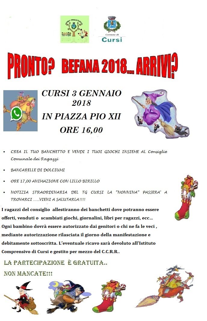 Mercoledì 3 Gennaio 2018 a partire dalle ore 16:00 in Piazza Pio XII è stata organizzata la manifestazione denominata "Pronto? Befana 2018... Arrivi?".comune.cursi.le.it/pagina-princip…