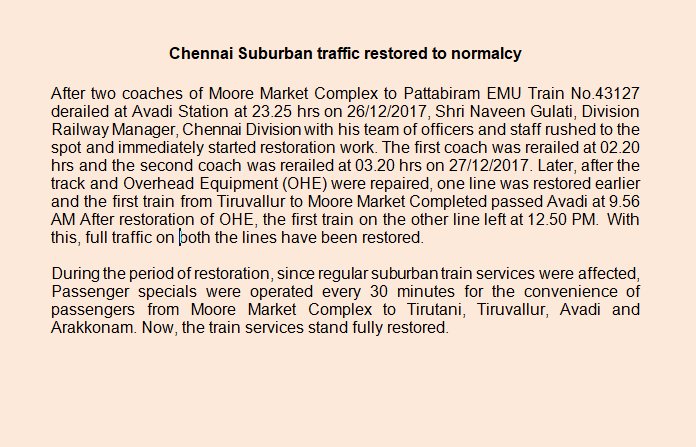 Chennai suburban traffic restored to normalcy