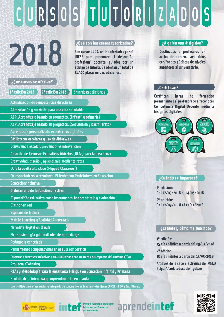 educaINTEF's tweet photo. Del 9 al 29 de enero 2018 se abre la inscripción para los cursos tutorizados de formación en red de @educaINTEF Toda la información y fichas de los cursos en https://t.co/ruDKvpaeKq #Educación #Formación #Docentes #CDD #CDEdu https://t.co/Tmv3xZvMLA