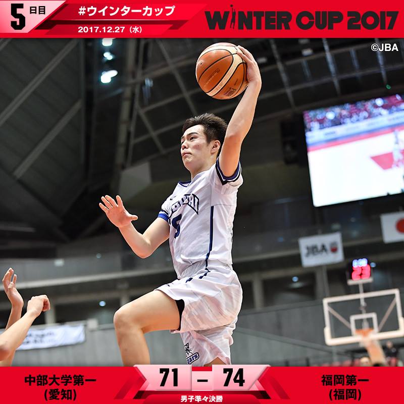 大会：【試合結果】❄️#ウインターカップ 2017❄️5日目・第4試合⛹🏼‍♂️✨

🏀男子・準々決勝
中部大学第一　● 71-74 ○　福岡第一
詳細➡️bit.ly/2BKqxJa

「J SPORTS」＆「スポナビライブ」にて生中継📺✨
wintercup2017.japanbasketball.jp/tv

🏀大会公式サイト
wintercup2017.japanbasketball.jp