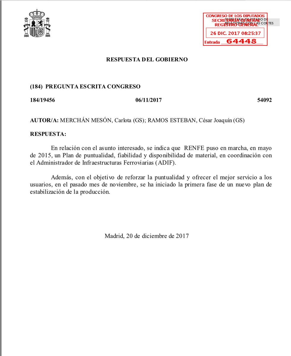 CarlotaMerchn's tweet photo. Solo puedo calificar de tomadura d pelo a l@s usuari@s y sufridor@s d @CercaniasMadrid esta respuesta d @fomentogob a la pregunta sobre las incidencias en la red recibida hoy y no es 28 d diciembre.
Desde @gpscongreso @psoe_m seguiremos trabajando en defensa d la red de cercanías https://t.co/UPI0cnrkSS