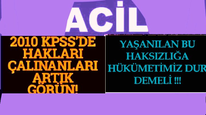 #2010KpssDe7YıllıkBekleyişSonBulsun
NE KADAR FETÖCÜ VARSA ATTIK DİYEN DEVLETİM PEKİ BU FETÖ HIRSIZLARI #2010KPSSde BENİM GİBİ YÜKSEK NET YAPANLARIN YERİNE GEÇİP MEMUR OLMADI MI?
ASIL SAHİPLERİ OLAN BİZ #2010KPSSMAĞDURLARI NE ZAMAN HAK ETTIĞIMİZ KADROLARA GEÇECEGİZ
<a href="/RT_Erdogan/">rt_erdogan</a>