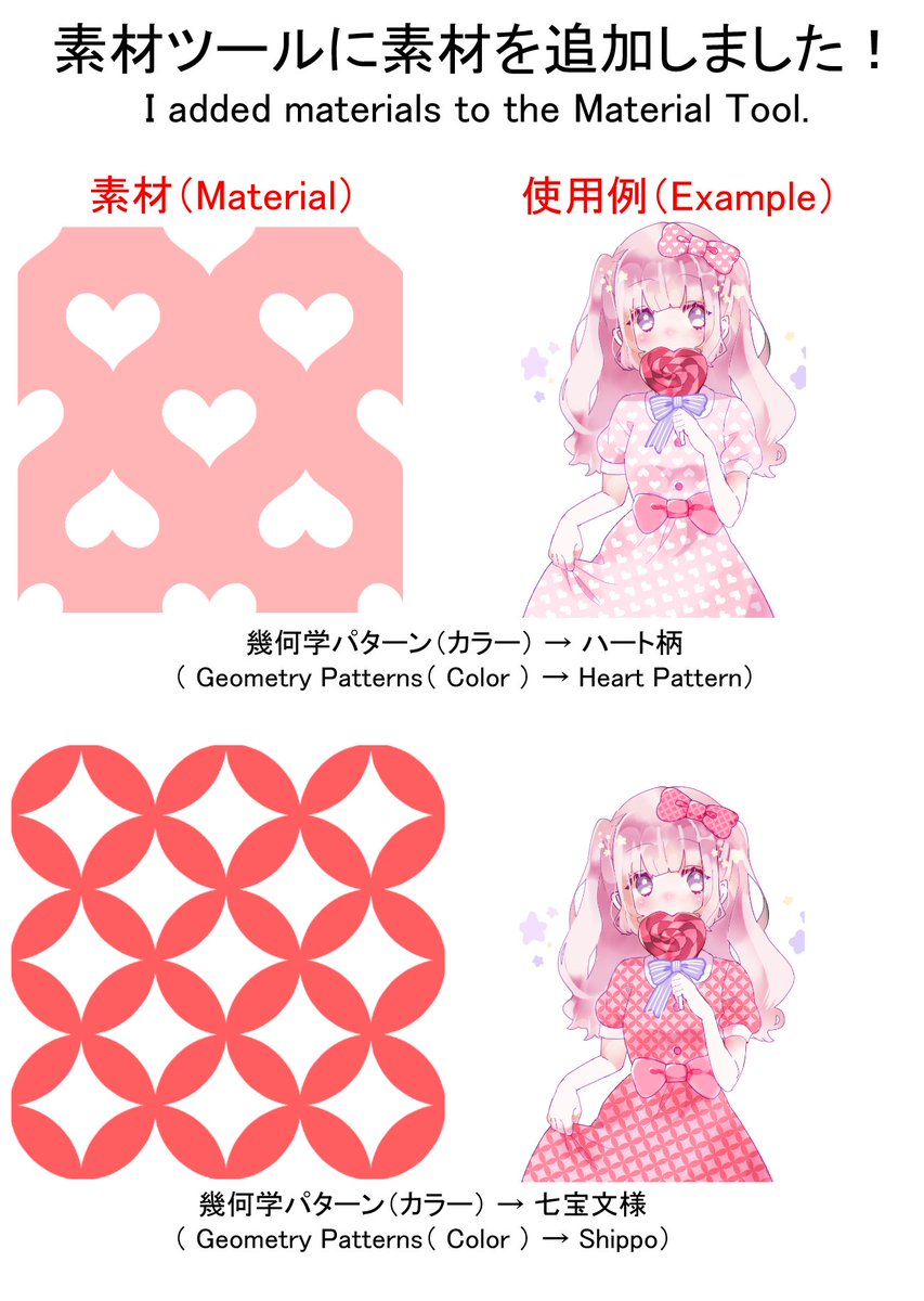 アイビスペイント Ibispaint ミサです アイビスペイントで素材が新しく追加されました ドット柄06 イチゴ柄 ハート柄 七宝文様 コルク01 コルク02 タオル生地01 タオル生地02 です