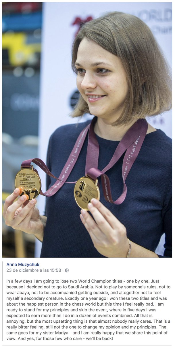 Marodriguez1971's tweet image. La campeona del mundo de ajedrez, Anna Muzychuk, perderá sus títulos por negarse a competir en Arabia Saudí. No quiere ser tratada allí como persona de segunda clase. Principios.