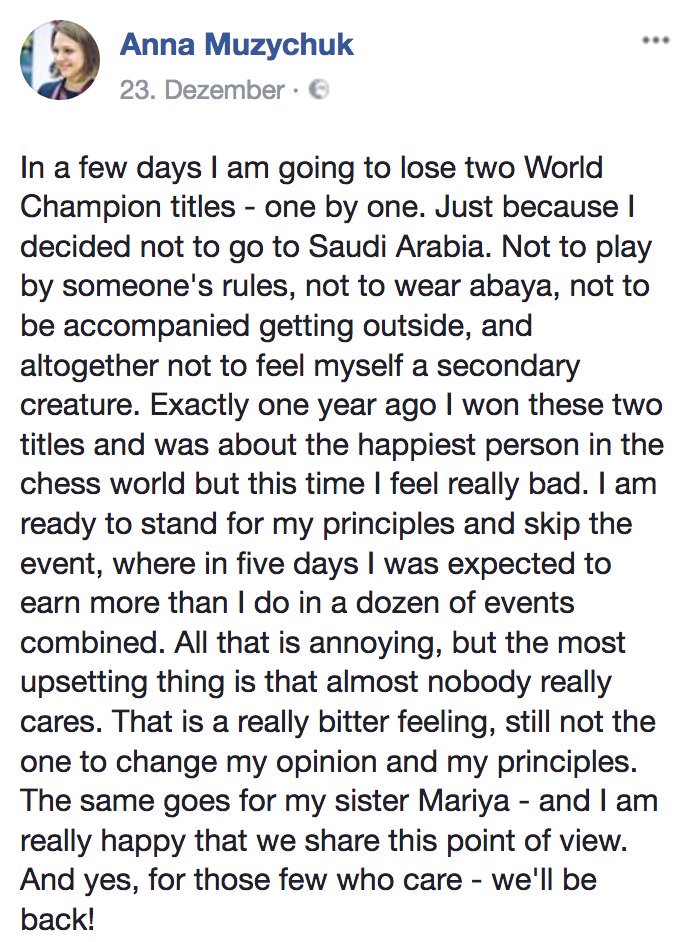 Marodriguez1971's tweet image. La campeona del mundo de ajedrez, Anna Muzychuk, perderá sus títulos por negarse a competir en Arabia Saudí. No quiere ser tratada allí como persona de segunda clase. Principios.