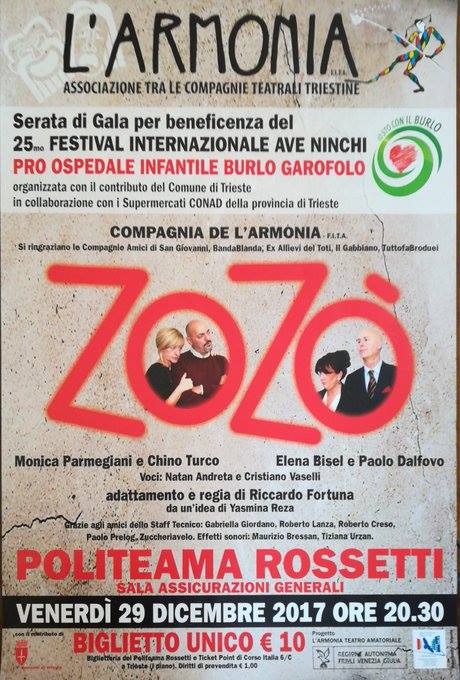 ComunediTrieste's tweet photo. Avete comperato il biglietto per "Zozò" lo spettacolo di beneficienza che si terrà il 29 dicembre alle 20.30 al @ilRossetti? Con soli 10€ potrete contribuire all'acquisto di un auto medica per il trasporto di materiali biologici per l'Ospedale Infantile Burlo Garofolo https://t.co/MRVr1hTT4y