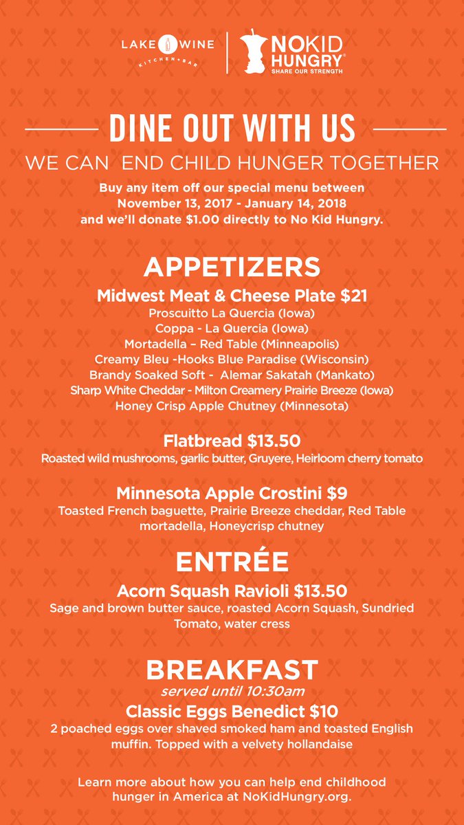 LakeWineKB's tweet photo. Please help us meet our goal to help end childhood hunger in America and donate today! https://t.co/jvqtWKQ3x0 Or if you're dining in please select any of our specialty @nokidhungry menu items! https://t.co/qQqbkFaqaE