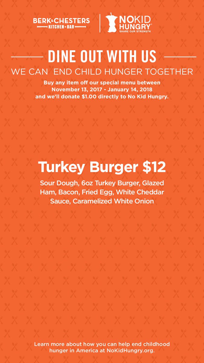 Berk_Chesters's tweet photo. Please help us meet our goal to help end childhood hunger in America and donate today! https://t.co/WMbLrPbr38 Or if you're dining in please select any of our specialty @nokidhungry menu items! https://t.co/O5njPtya0C