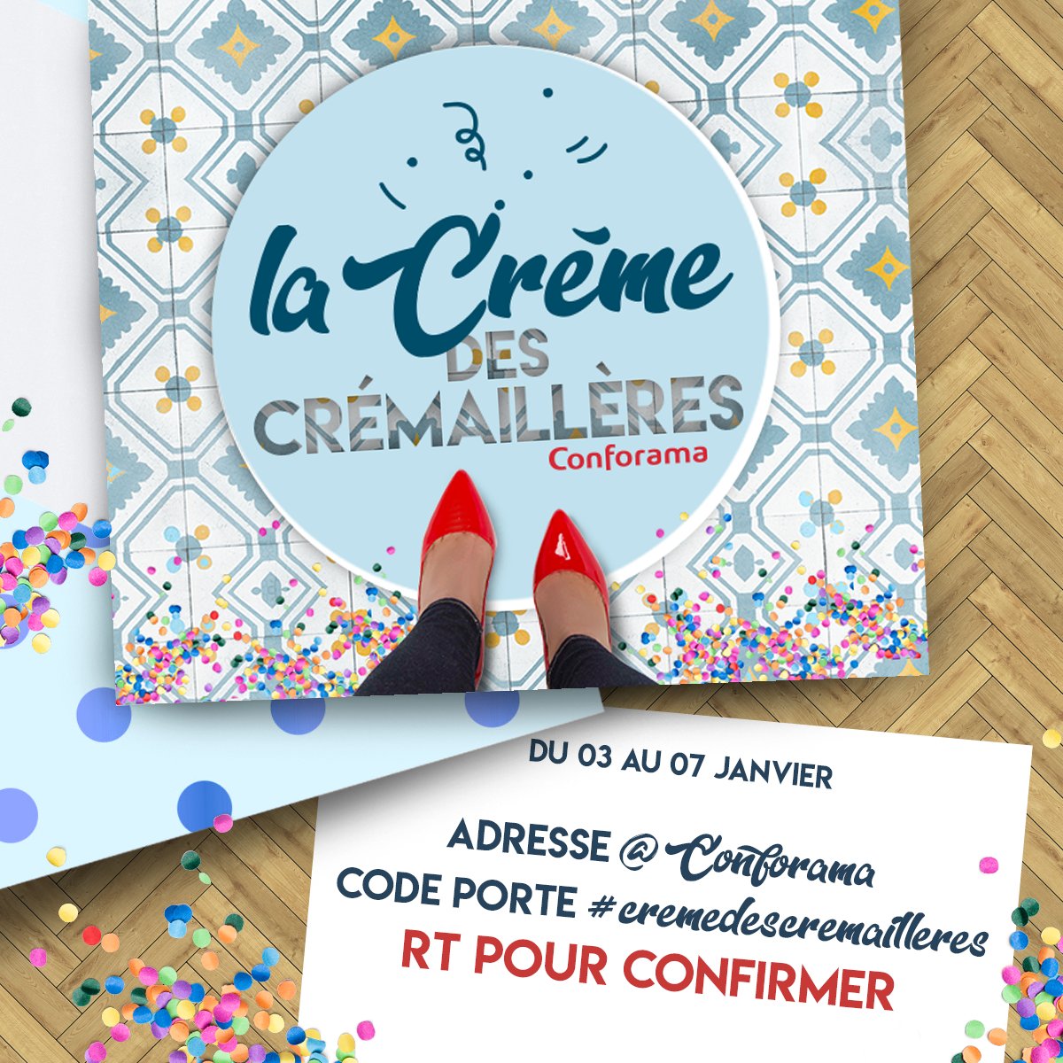 Conforama's tweet photo. BREAKING 🎉 Comme on vient de tout changer sur notre compte Twitter, nous avons décidé d'organiser la Crème des Crémaillères et de TOUS vous inviter ! Tenté ? RT ce post et RDV le 3 janvier pour faire le plein de cadeaux 🎁 #cremedescremailleres https://t.co/CZrnfyvagk
