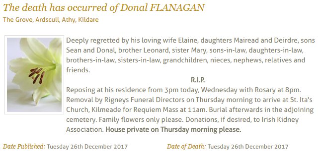 We were very sad to hear this morning that the death has occurred of Donal Flanagan Snr., The Grove, Ardscull, Athy, Co. Kildare. St. Laurence’s GAA Club Member and former Underage Chairperson. Guard of Honour from 10:45AM starting at Kilmead Shop.
Ar dheis Dé go raibh a anam.