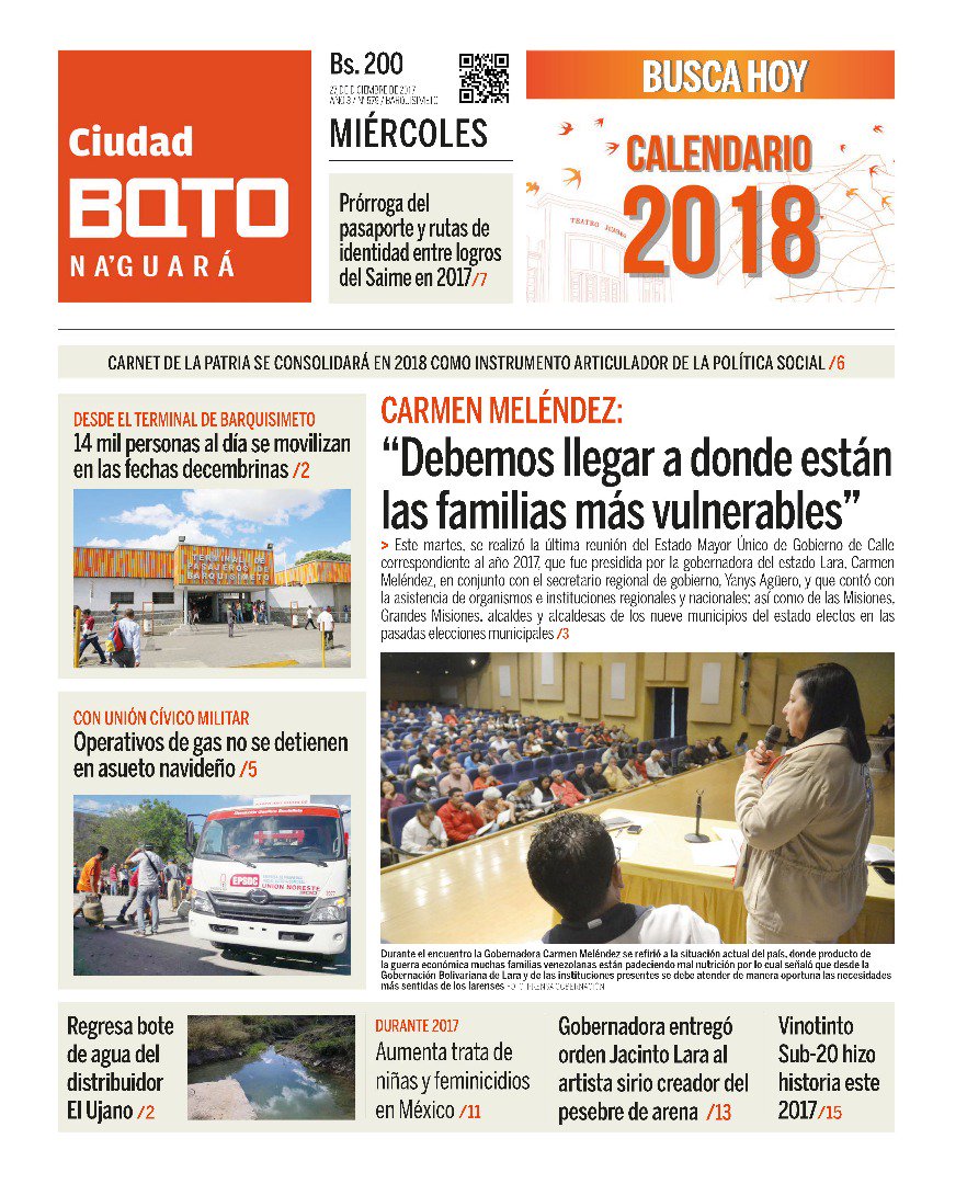 gestionperfecta's tweet photo. #FelizMiercoles Comparto la edición de este #27Dic de @Ciudad_BQTO https://t.co/5xa67eKTOx #En2017TriunfoLaPaz https://t.co/UmbDm4nUxY