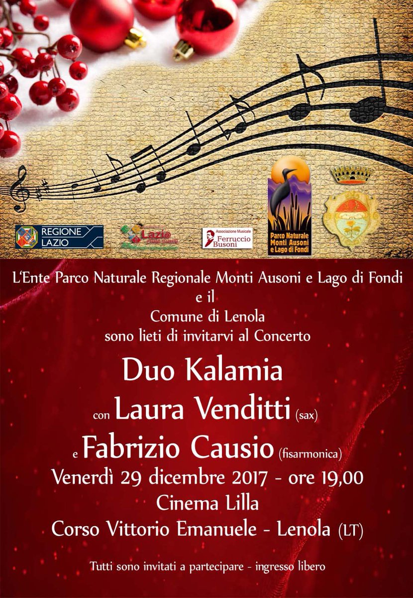 parcoausoni's tweet photo. Venerdì #29dicembre #Parco Regionale Monti #Ausoni e il Comune di #Lenola (LT) organizzano il #concerto: “Duo Kalamia” – con Laura Venditti (sax) e Fabrizio Causio (fisarmonica) e in collaborazione con l’Associazione Musicale “Ferruccio Busoni”. https://t.co/XSxN12LKzO https://t.co/NCFsUI2lJS