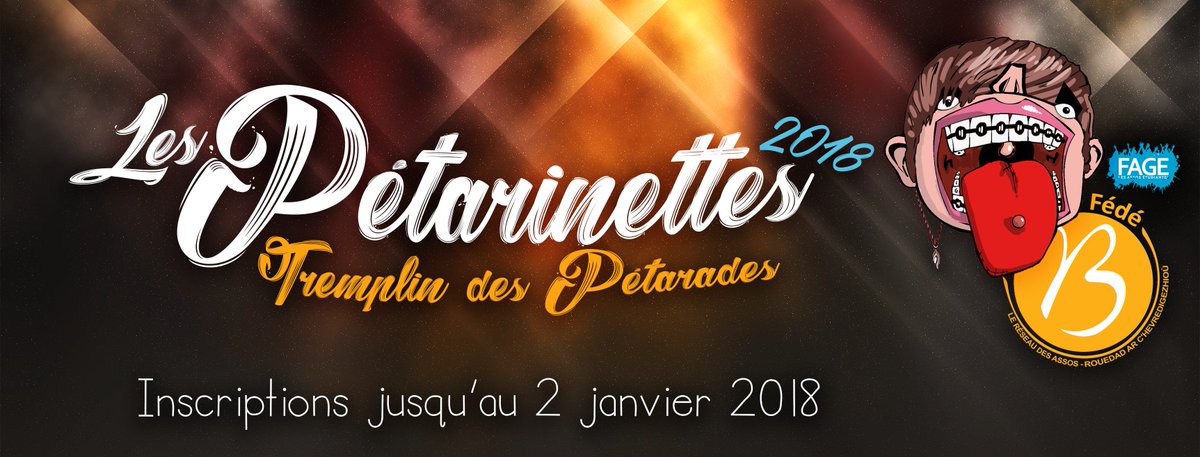Tu fais de la musique ou bien tu as des amis musiciens ? N'hésite pas, tente ta chance !!
Les inscription pour les Pétarinettes 2018 sont ouvertes ! Tu as jusqu'au 2 janvier pour t'inscrire en suivant ce lien : goo.gl/forms/StxxgQ9o…
On attends plus que toi ! :D