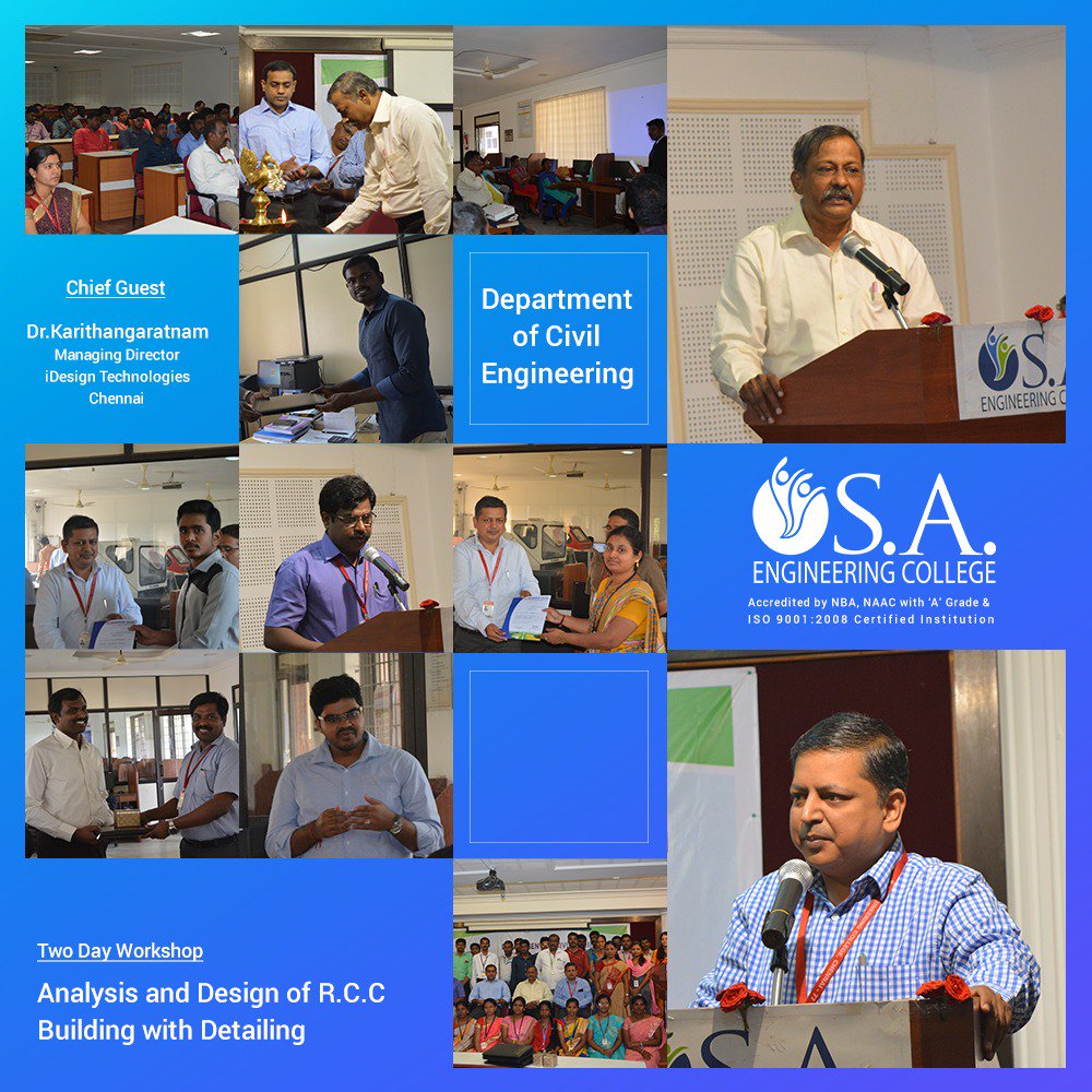 saectweets's tweet photo. Department of Civil Engineering organized two day Workshop on the Topic “Analysis and Design of R.C.C Building with Detailing”. Chief Guest Dr.Karithangaratnam, Managing Director, idesign Technologies #engineering #saengineeringcollege #chennai https://t.co/wjXlOUym69