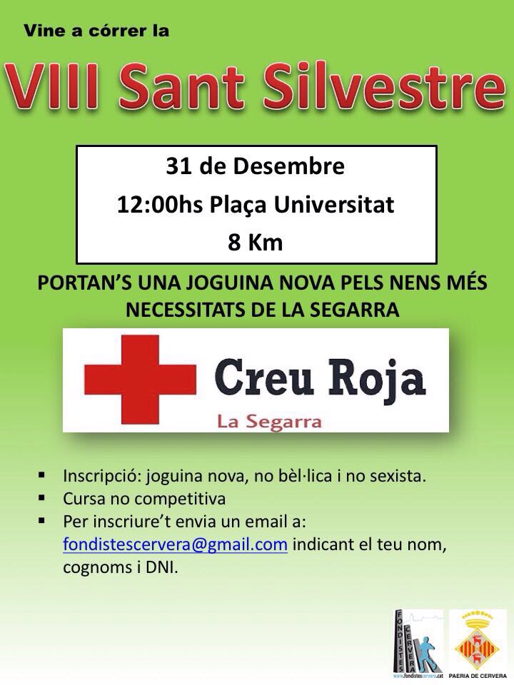 FondistaCervera's tweet photo. Aquest proper diumenge a les 12:00, VIII Sant Silvestre Cerverina @paeriacervera @CreuRojaLleida   Més info 👇🏼. Us hi esperem !! https://t.co/XjcL4i6lR5