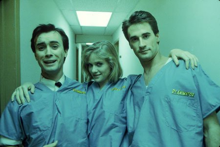 Jeffrey Combs, Barbara Crampton, & Bruce Abbott on the set of Re-Animator. Happy Birthday 