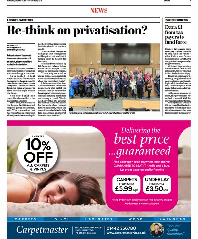 Editor's choice: Could Dacorum Borough Council be forced to re-think their plans to privatise leisure services? Find out in this week's Gazette - available today at a newsagent near you