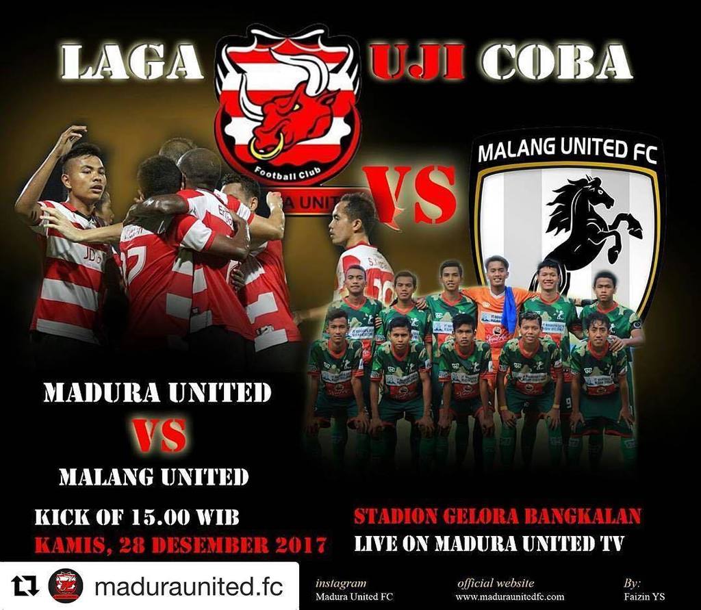 malangunitedfc's tweet photo. Terima kasih atas kesempatan yang diberikan #Repost @maduraunited.fc (@get_repost)
・・・
Madura United akan melakoni laga uji coba selanjutnya yakni kontra Malang United, besok 28 Desember 2017.

Live on Madura United TV, kick off pukul 15.00 WIB.

#Maduraunited #Madurabisa #M… https://t.co/0ksataplnI