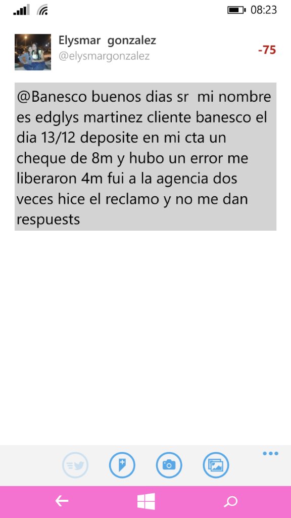 elysmargonzalez's tweet photo. @Banesco sr porfavor tengo un problema con un cheque deposite 8m y liberaron 4m  edglys martinez v-17901337 https://t.co/Gerd6AL1Ff