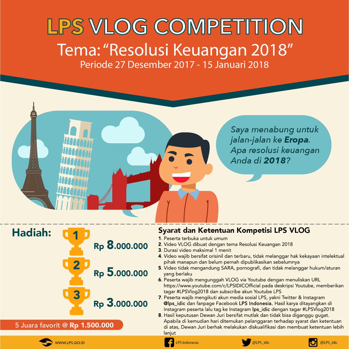 Sahabat LPS yuk ikuti kompetisi #LPSVlog2018. Rebut total hadiah Rp 23,5 juta. Simak syarat dan ketentuannya. #YouTube #youtuber #vlog #LPSVlog2018