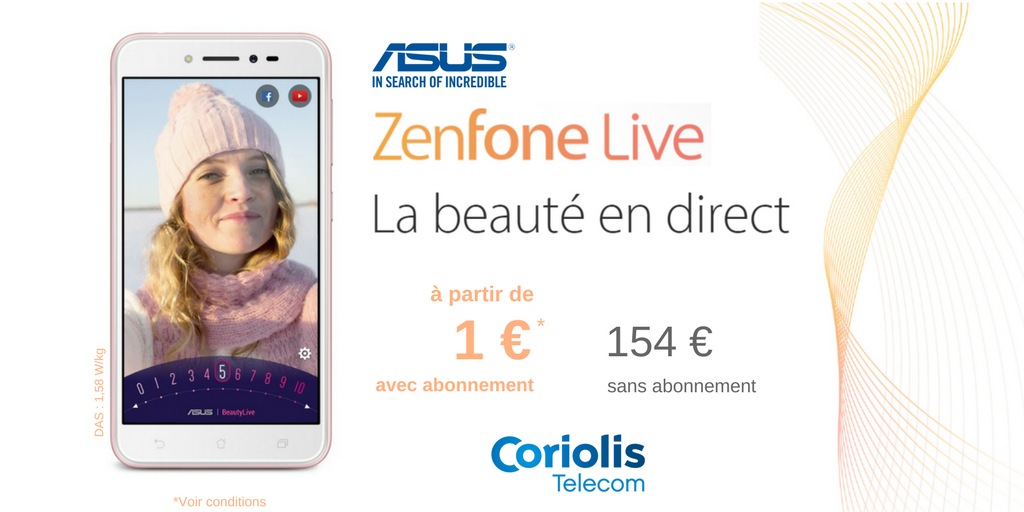 Coriolis_Fr's tweet photo. Le #Asus #Zenfonelive débarque chez Coriolis ! Découvrez le premier Smartphone à intégrer une technologie de retouche en temps réel, pour vous embellir en direct ! => https://t.co/B9KwuJ2POb https://t.co/0rrqbAQdxF