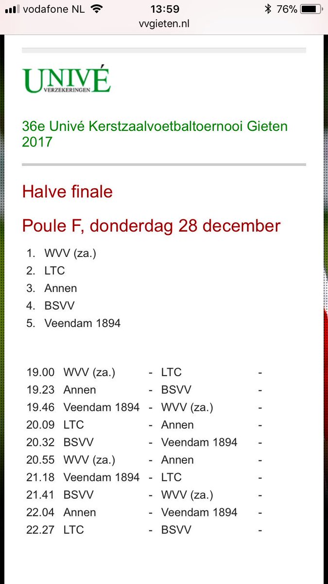 Morgen speelt <a href="/BSVV1/">BSVV</a> in de halve finale van het #Univé kerstzaalvoetbal toernooi in #Gieten tegen <a href="/wvvzaterdag/">WVV zaterdag</a> <a href="/VVAnnen/">VV Annen</a> <a href="/Veendam1894/">Veendam 1894</a> en <a href="/vvltc/">VV LTC Assen</a>