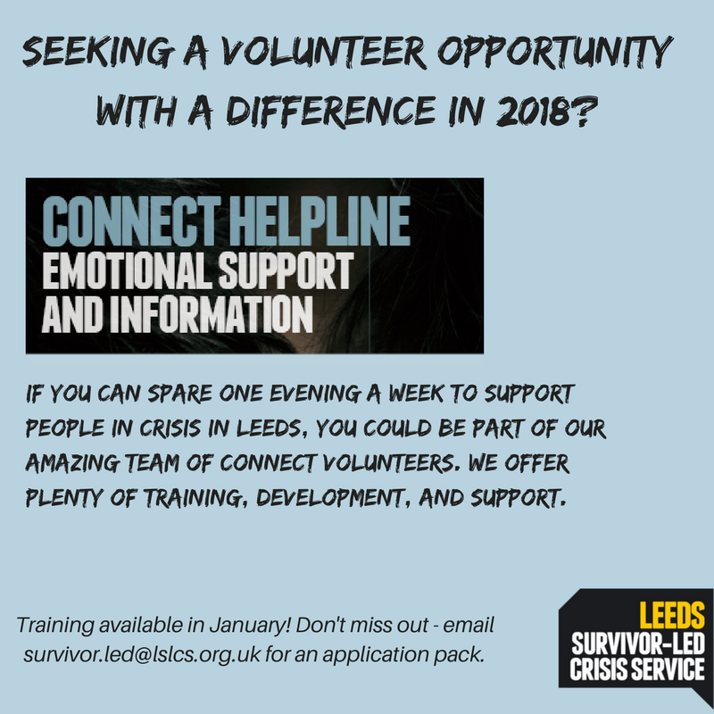 Last chance to get your applications in for the Connect Volunteer Training in January! Our volunteers get great training and mentoring and a reference after 6 months. Email survivor.led@lslcs.org.uk for a pack and return it before 1st Jan for the next training.