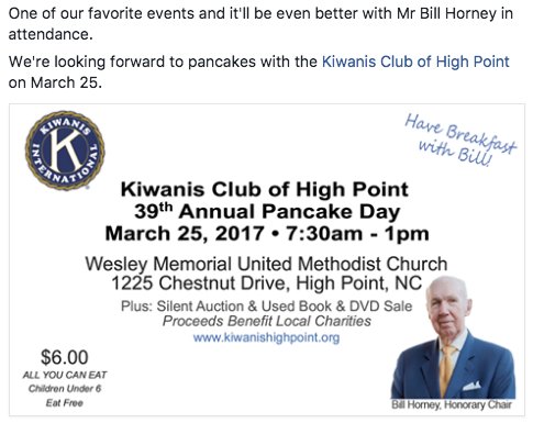 HPCFound's tweet image. #HPCF2017Flashback Number One! Who joined us at the Kiwanis Club of High Point back in March for Pancakes with Bill Horney? 

Check back tomorrow for another flashback, and like/reply if you were at the event!
