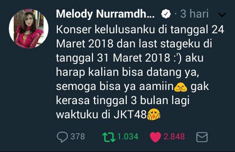 TryanHunter's tweet photo. Halo @FerliDjan π
Lagu trrbaru @officialJKT48 (Dirimu Melody) udh ada blum ?
klau blum ada yg mana aj.
Salamnya buat sluruh fansΒ² JKT48 & Special buat @melodyJKT48 "Tetap smangat terus ya sampai akhir konser kelulusanmu & Last Stage kmu di tahun 2018 nantiπ
@Pro2Jak #IndoPro https://t.co/g1IxGZ9qsD