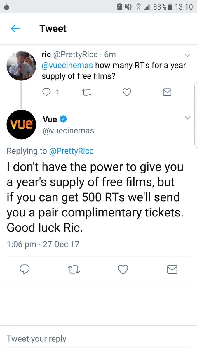 500 RT's and I'll take one of you to the cinema 😂