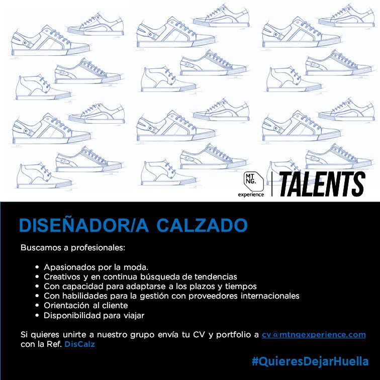 workatMTNG's tweet photo. ¡¡Estamos contratando!! Buscamos Diseñador/a Calzado ¿Quieres unirte a un nuevo reto? Inscríbete en https://t.co/wI5P2sWPOp  o bien, envíanos tu CV a cv@mtngexperience.com #QuieresDejarHuella #Design #Shoes https://t.co/VySt7uuOZd