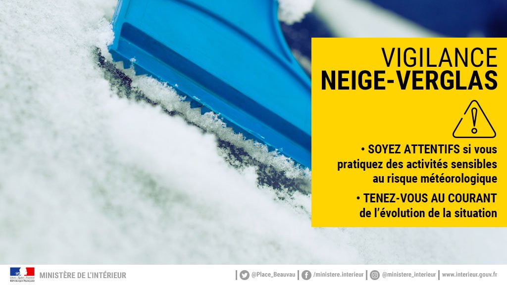 #Meteo2B Le département est également placé en <a href="/VigiMeteoFrance/">VigiMétéoFrance</a> JAUNE pour le phénomène "Neige-Verglas". La limite-pluie neige pourrait s'abaisser à 800 m dans la soirée. Munissez vous d'équipements spéciaux et consultez le PC neige avant d'emprunter les cols routiers.