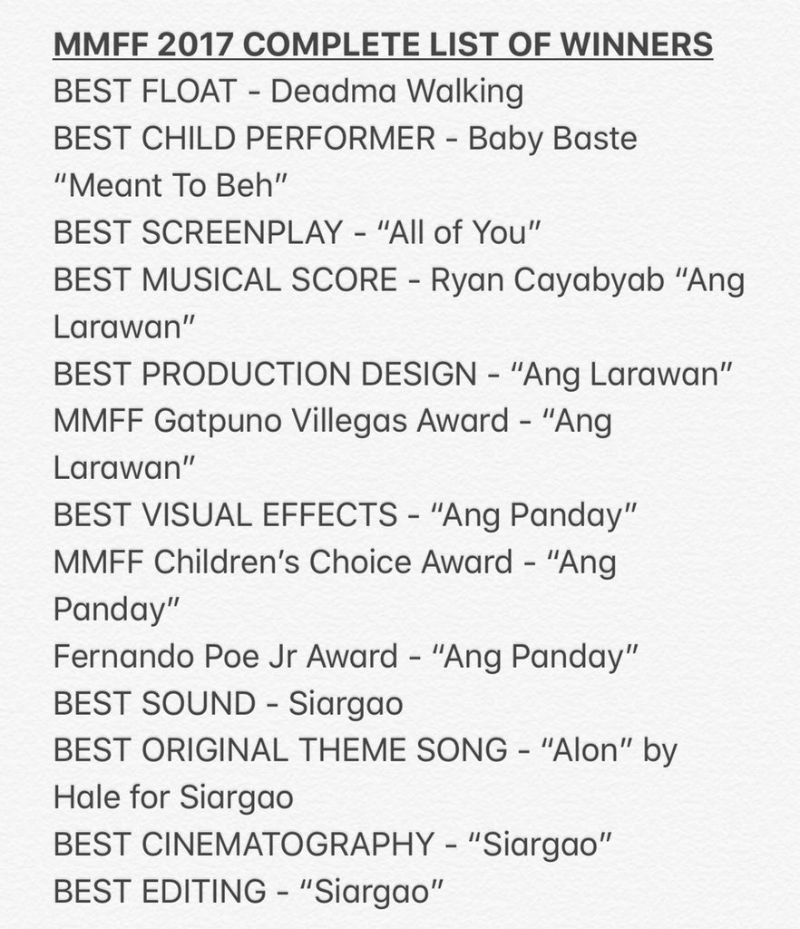 mjfelipe's tweet photo. LOOK: Hereβs the complete list of winners in this yearβs MMFF: https://t.co/Plwwqr5h1A