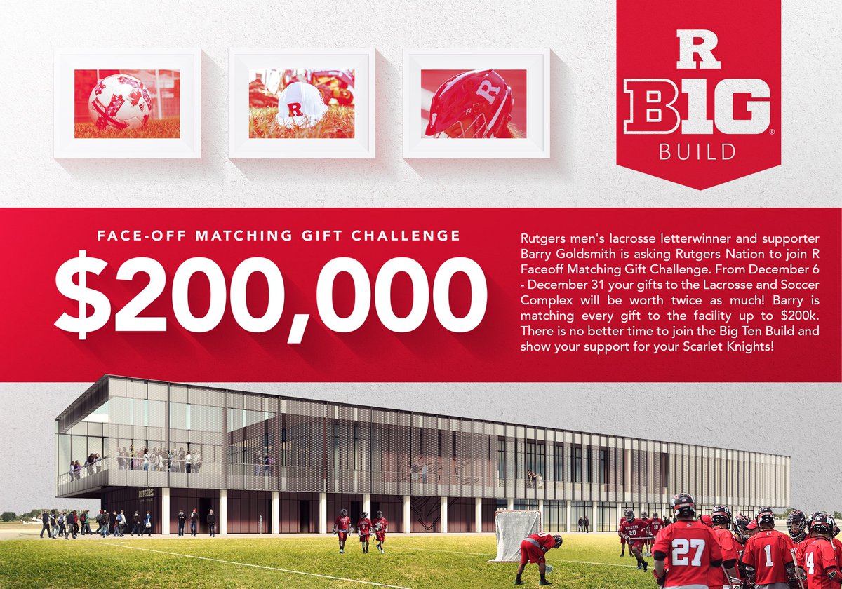💥 BOOM 💥 #Rutgers fans!

A B1G donation and we blew through the Barry Goldsmith $200k lacrosse/soccer building match. 

Let’s keep R momentum going! 

I will donate $1 for every RETWEET between now and 12/31. 

Please RT and DONATE here: rb1gbuildcaptains.com/campaigns/r-fa…