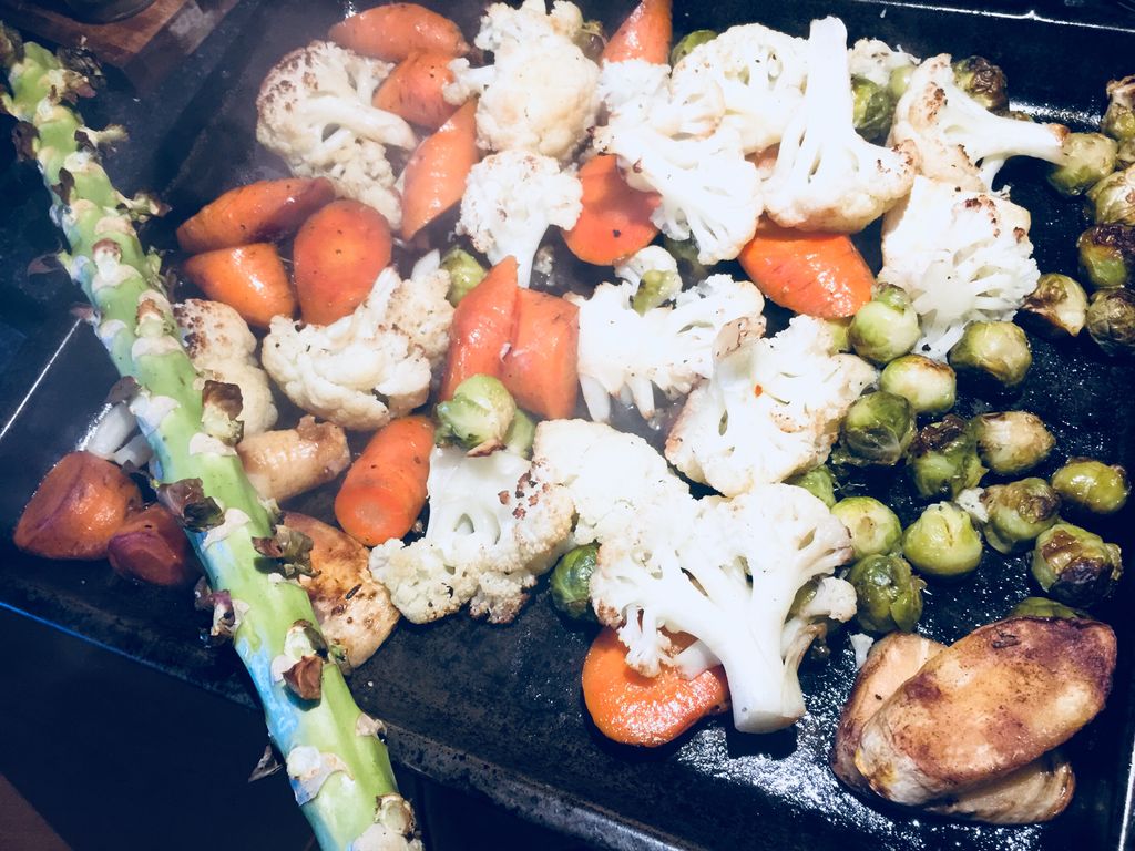 Annie Nolans roasted winter veggies from Finavarra, Co.Clare all ready for lovin! Make sure you roast up the sprout stick for the doggies - best bone they can get! #kinvarafood #eatlocal #kinvaraproud