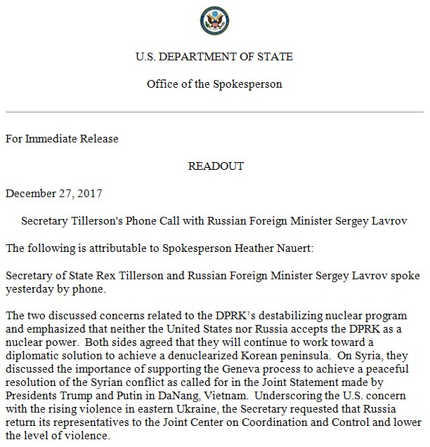 statedeptspox_a's tweet photo. Secretary Tillerson spoke with #Russia FM Lavrov yesterday. Both sides emphasized concern re: #DPRK and importance of #GenevaProcess in #Syria. Sec Tillerson requested that Russia return its reps to Joint Center on Coordination &amp; Control and decrease violence in eastern #Ukraine. https://t.co/ITeImXKdwG