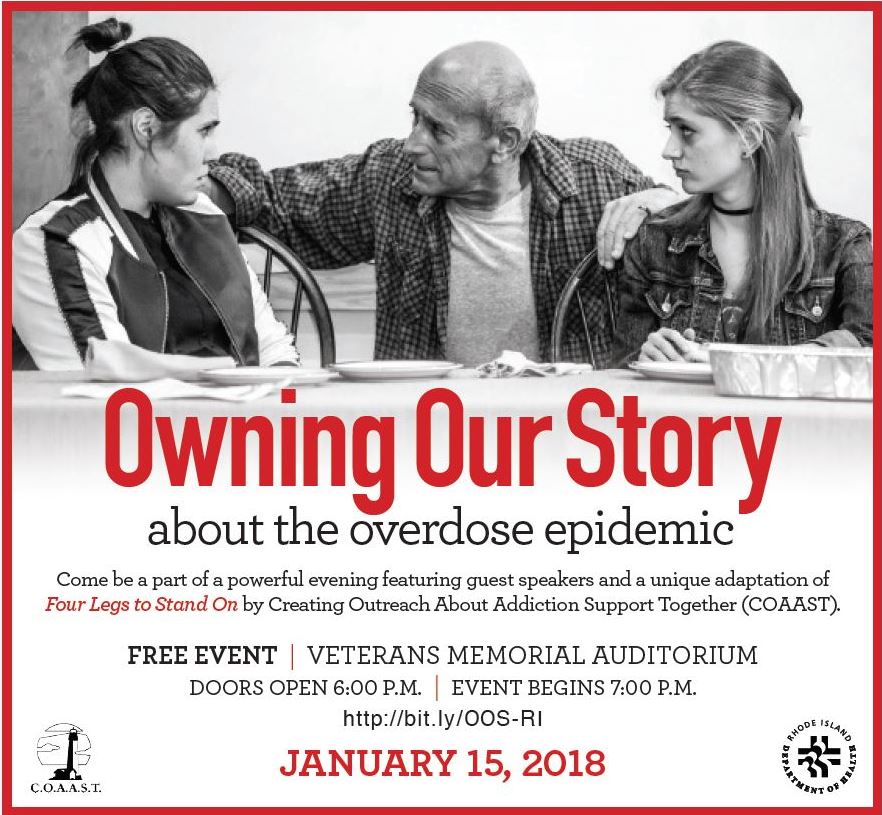 RIHEALTH's tweet photo. Join @RIHEALTH &amp; @coaastri for "Owning Our Story: About the Opioid Epidemic" on Monday, January 15 from 6 p.m.-9 p.m. @TheVetsRI. This FREE, community event will feature TED Talk-style speakers &amp; a unique adaptation of @coaastri's "Four Legs to Stand On." https://t.co/ywHIwP1N36 https://t.co/05fZvzMZNe