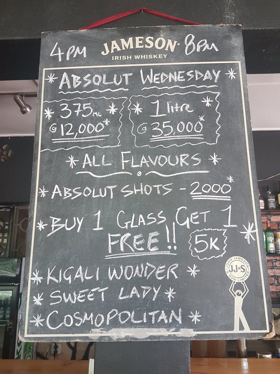 TianiS_Liquors's tweet photo. Gone are the days when you had few options at your disposal in Kigali. If you wanna have a great time tonight, you are definitely spoilt for choice ๐๐ #HappyHolidays #RemarkableRwanda #AbsolutWednesday #RwOT #JamesonRwanda https://t.co/u3zHxYcjuM