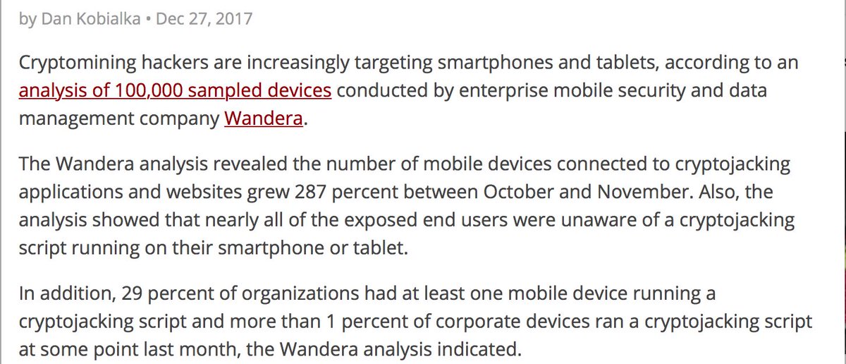 #Mobile #cryptojacking &amp; #cryptomining of #smartphones &amp; #tablets up 287% in one month.

msspalert.com/cybersecurity-…

Mobile #botnets are likely next.  #Developers should use <a href="/VirgilSecurity/">Virgil Security, Inc</a> #SDKs to help make sure that their apps / devices aren't part of the problem.