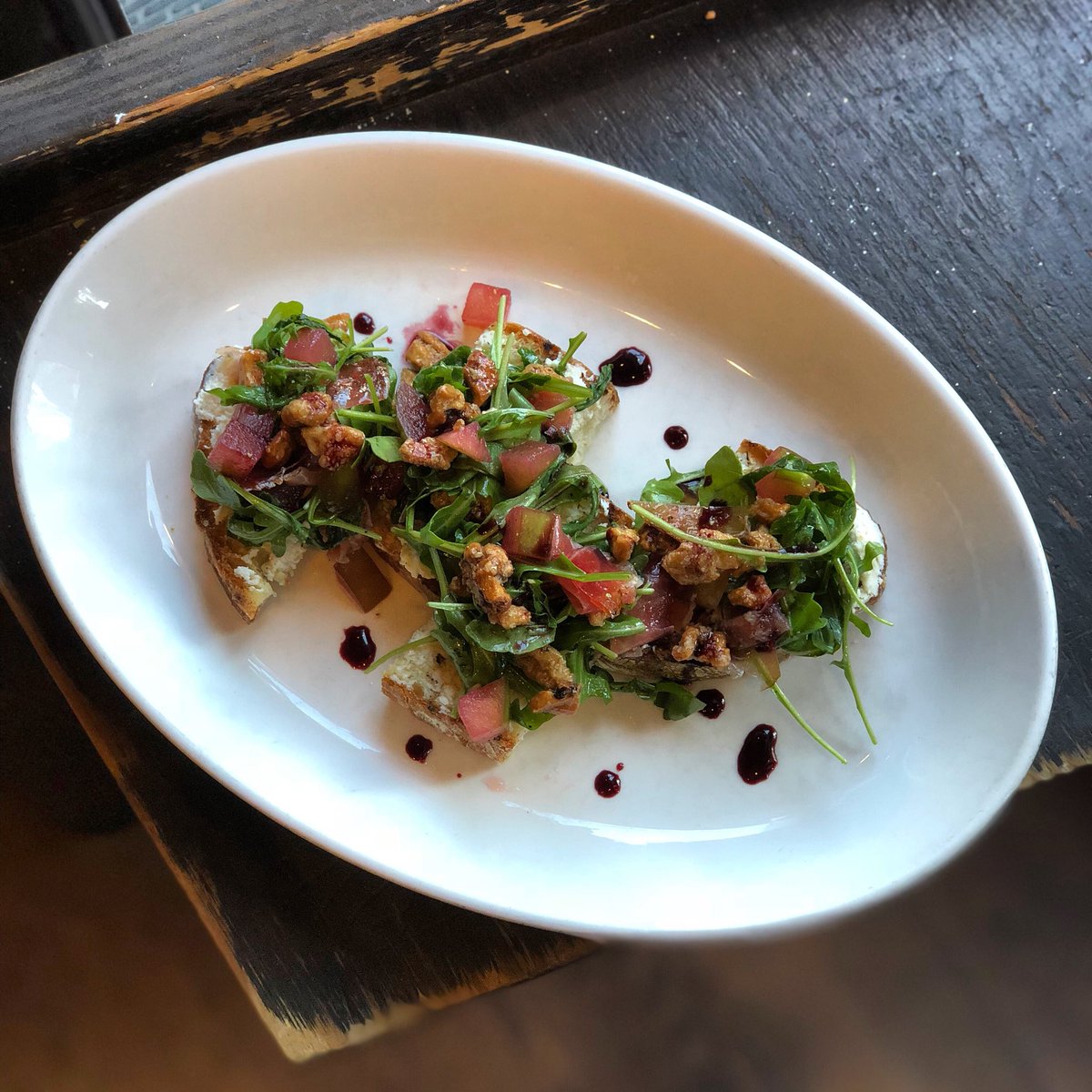 Seasonal Bruschetta. Always a good way to pregame a pizza. Speck, Gorgonzola, Ricotta, Walnuts and Pomegranate Apples.